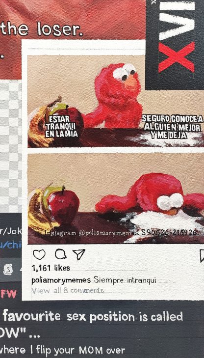 Detalle Elmo siempre intranqui de la pintura #love #sex del artista Álvaro Sánchez del Castillo del proyecto La furia del hashtag: pinturas sobre postfotografias